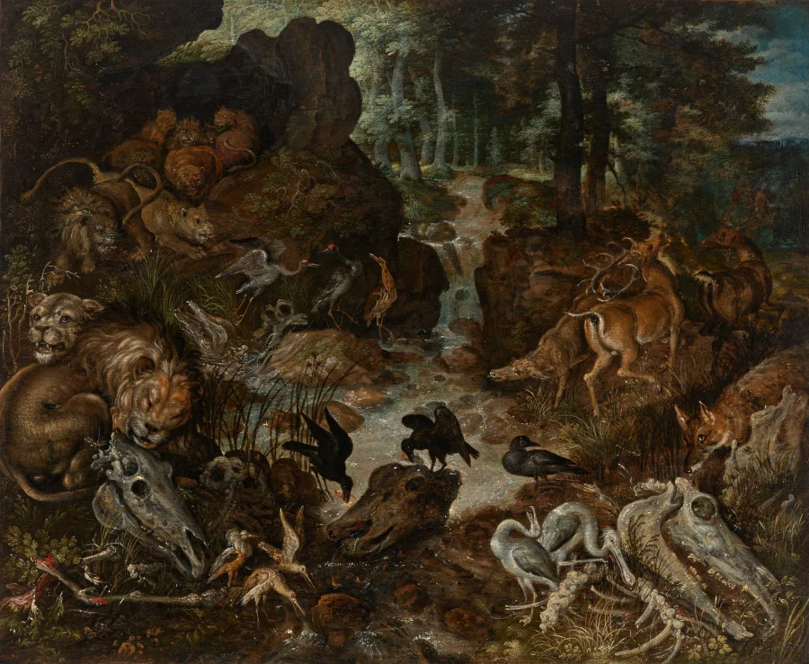 Lions and Fox in a Rugged Landscape — Roelant Savery (Flemish, 1576–1639)