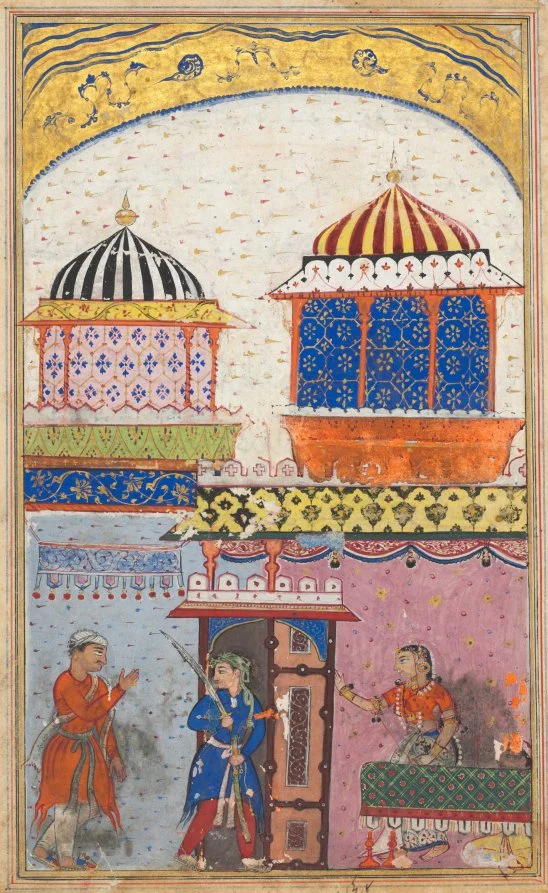 A woman asks her lover to leave her house, brandishing his sword and feigning rage in order to deceive her husband who has just arrived, from a Tuti-nama (Tales of a Parrot): Eighth Night — Gujarati (Indian, active 1550s-1590s)