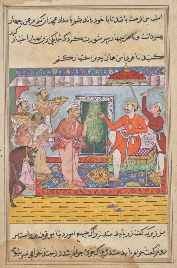 The Brahman, unable to select from the four gifts of the king of the Ocean seeks the Raja’s advice, from a Tuti-nama (Tales of a Parrot): Eleventh Night