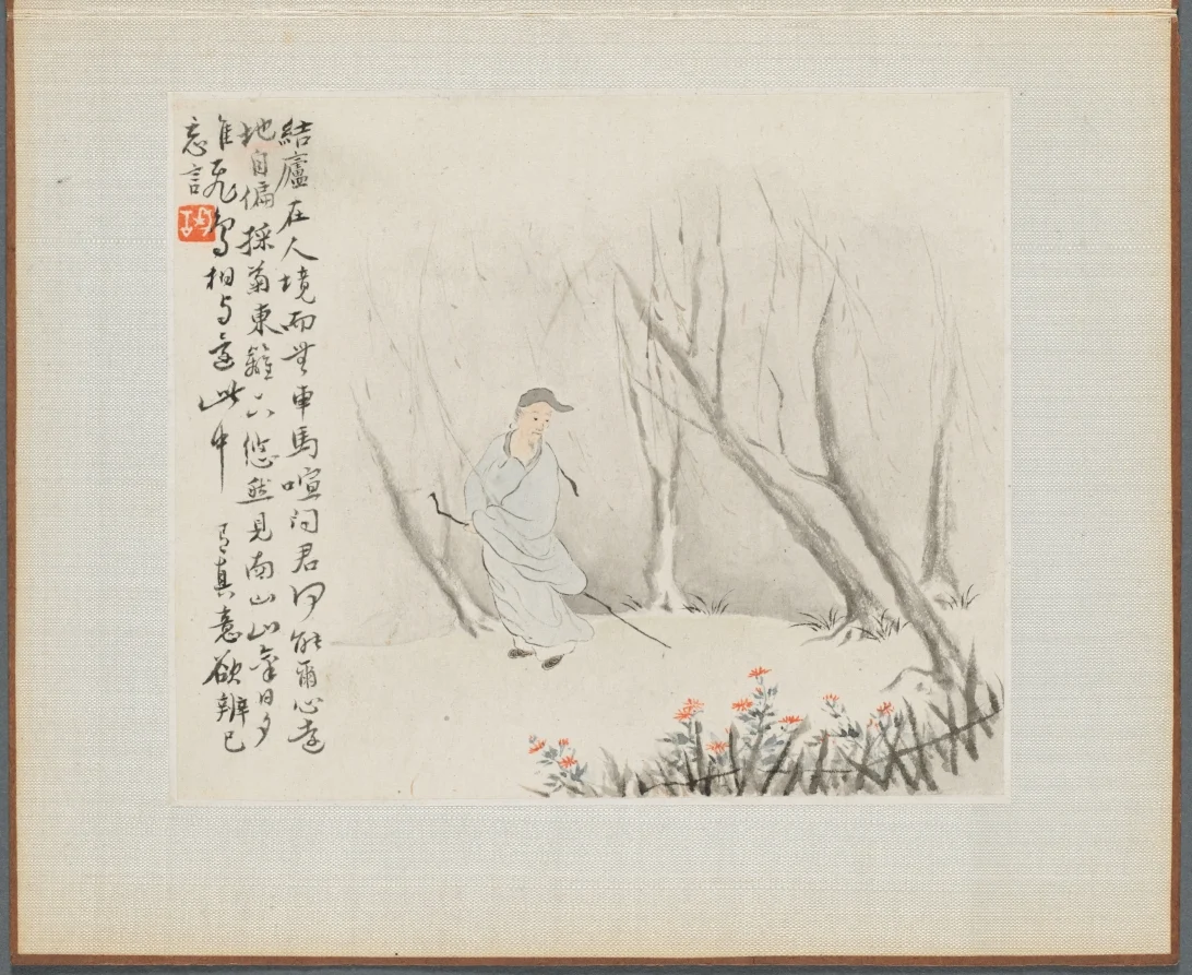 Album of Landscape Paintings Illustrating Old Poems:  Man with a Staff Admires Chrysanthemums at a Fence — Hua Yan (Chinese, 1682–c. 1765)
