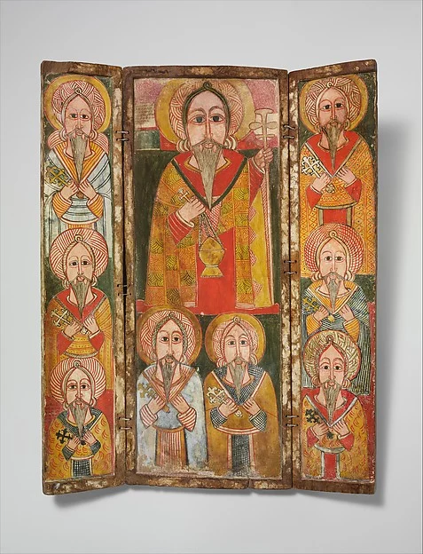 Icon triptych of Ewosṭatewos and eight of his disciples — Northern Highlands artist