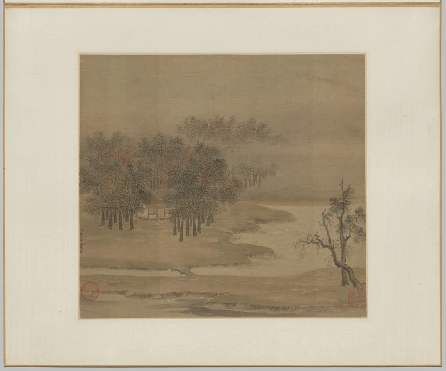 Cottages in a Misty Grove in Autumn