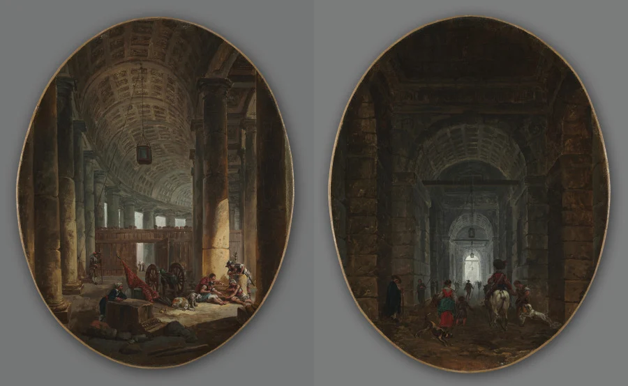 Pair of Paintings: The Colonnade of St. Peter's, Rome, during the Conclave and The Grotto of Posillipo
