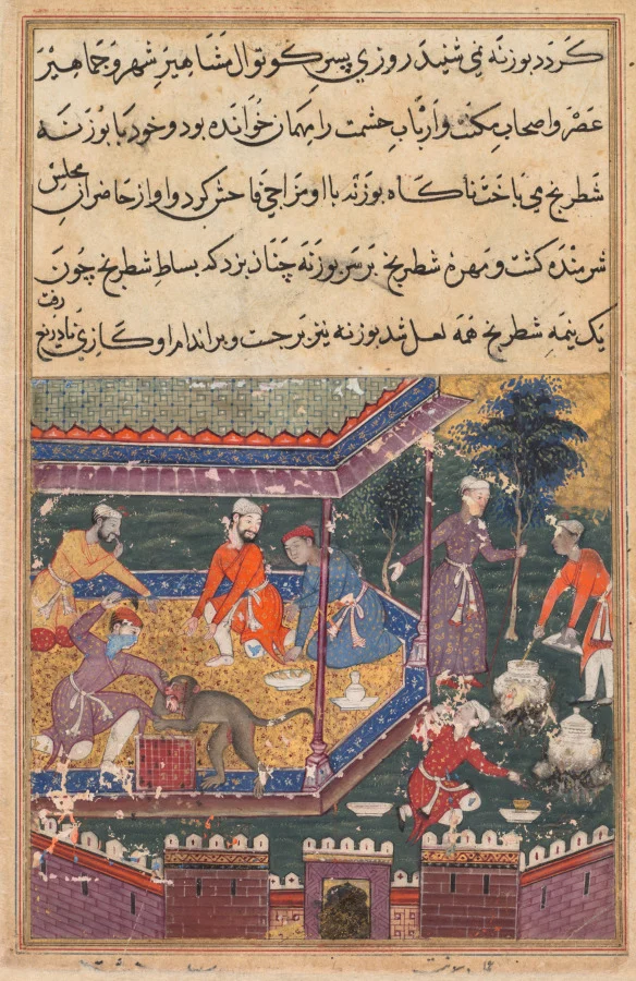 The wounded monkey bites the hand of the prince, his chessmate, in the presence of guests, from a Tuti-nama (Tales of a Parrot): Fifth Night — Dasavanta (Indian, d. 1584)