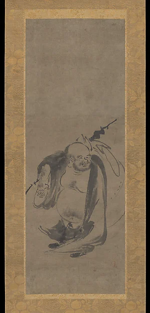 Hotei, flanked by panels of birds