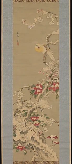 Bird among Camellias in Snow