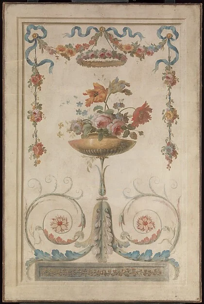 Vase of Flowers Resting on Foliate Scrolls — French Painter