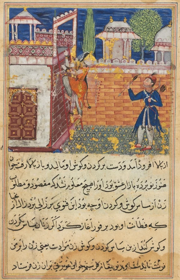 The deceitful wife returns to her terrace after caressing her lover, from a Tuti-nama (Tales of a Parrot): Eighth Night — Shravana (Indian, active 1550s–c.1600)