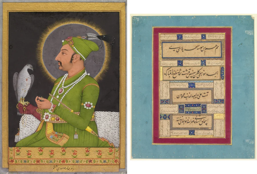 Posthumous portrait of the Mughal emperor Muhammad Shah (reigned 1719–1748) holding a falcon (recto); Calligraphy (verso) — Muhammad Rizavi Hindi (Indian, active mid-1700s)