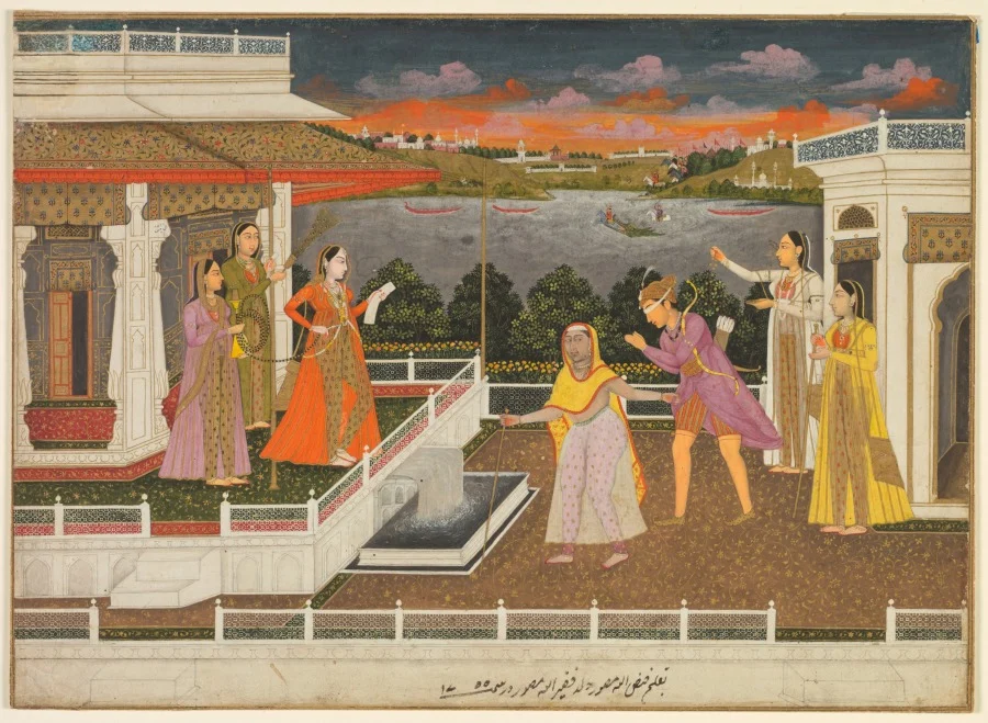 A blindfolded suitor is brought before a princess (recto) — Fayzullah (Indian, active c. 1730–1765)