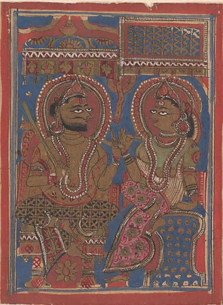 King Siddhartha Tells Queen Trisala the Meaning of the Fourteen Dreams (left) and The Interpretation of Dreams (right): Folio from a Kalpasutra Manuscript