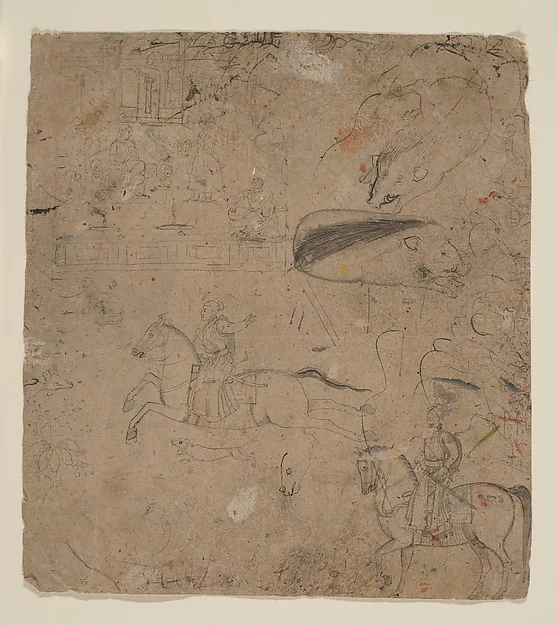 Page from a Sketchbook Showing Rulers on Horseback, Boars, and a Palace Scene — Pandit Seu