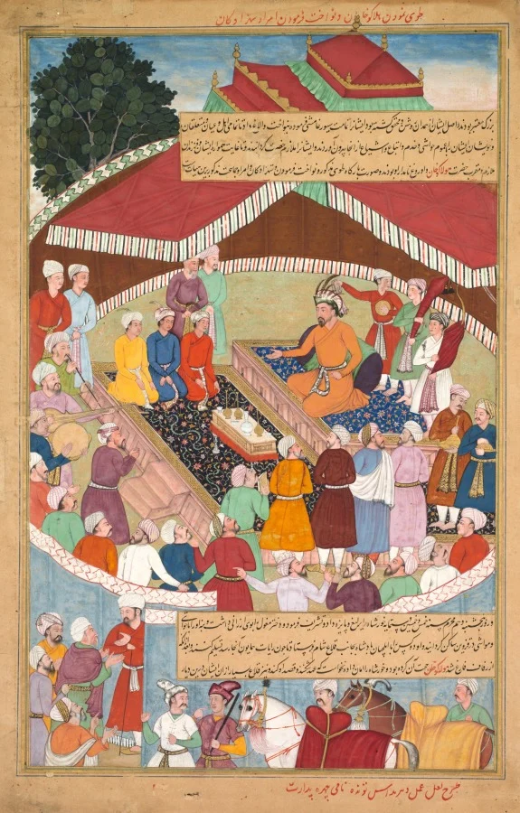 Hulagu Khan giving a feast and dispensing favor upon the amirs and princes, from a Chingiz-nama (Book of Chingiz Khan) of the Jami al-tavarikh (Compendium of Chronicles) — Lal (Indian, active c. 1555–1600)