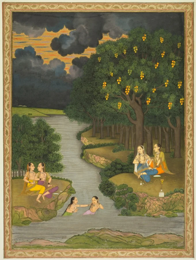 Women enjoying the river at the forest’s edge (recto) and flowering marigold (verso) — Hunhar II (Indian, active mid-1700s)