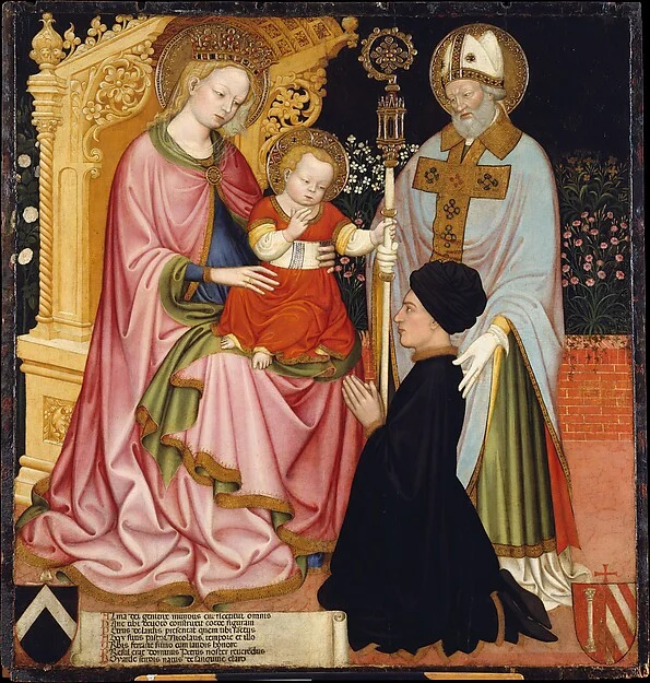 Madonna and Child with the Donor, Pietro de' Lardi, Presented by Saint Nicholas — Master G.Z. (possibly Michele dai Carri, Italian, Ferrara, active by 1405–died 1441 Ferrara)