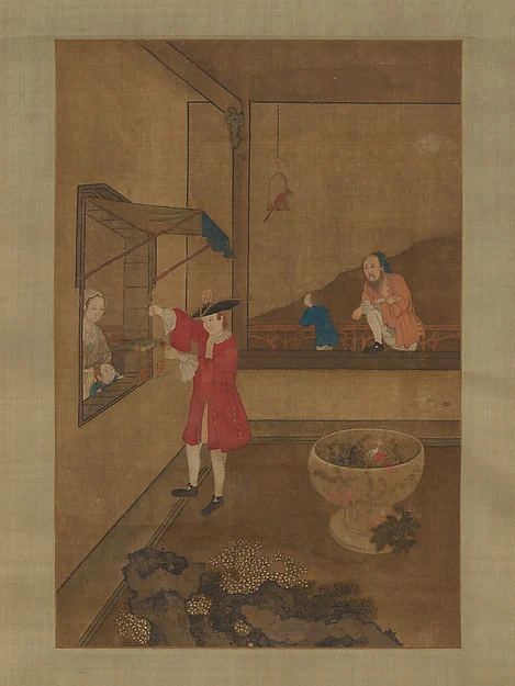 European Couple and Child Playing with Parrot — Unidentified artist