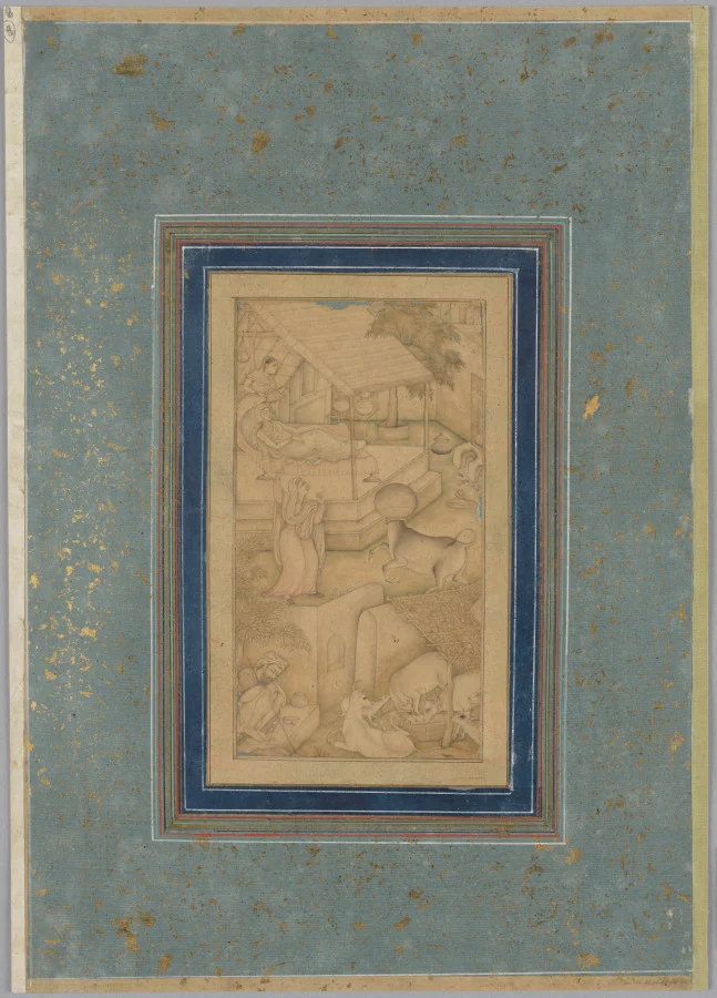 A woman mistakes a cow for the Angel of Death, from a Lights of Canopus (Anwar-i Suhaili) of Kashifi (Iranian, d. 1504)