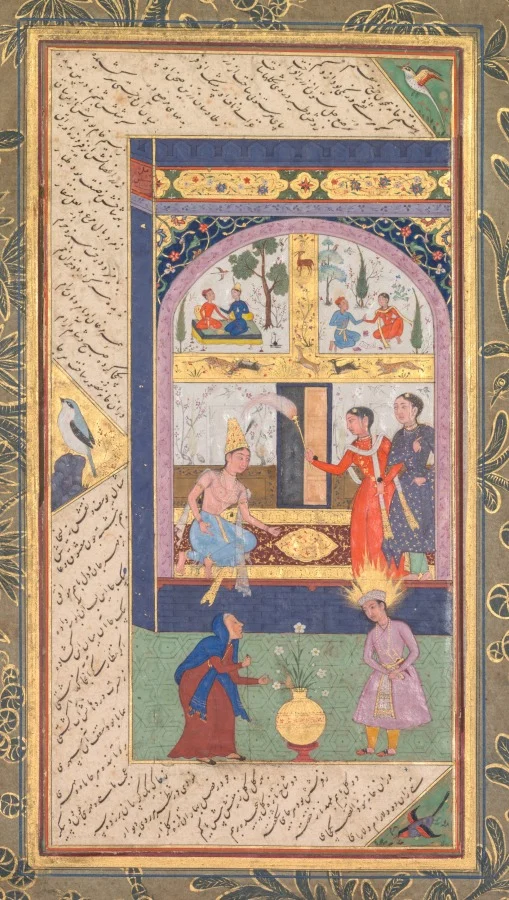 Zulaykha in her palace and as an elderly woman with Joseph (recto), from a Panj Ganj (Five Treasures) of Abd al- Rahman Jami (Persian, 1414–1492)