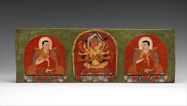 Interior of a Manuscript Cover: Manjuvajra Embracing His Consort, with Attendant Lamas