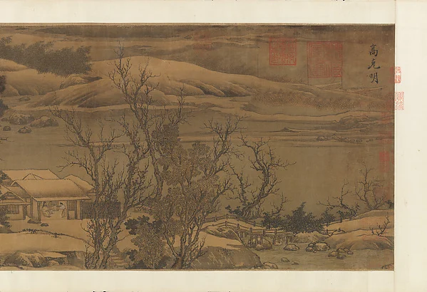 Snowy landscape with rustic riverside retreat — Liu Songnian