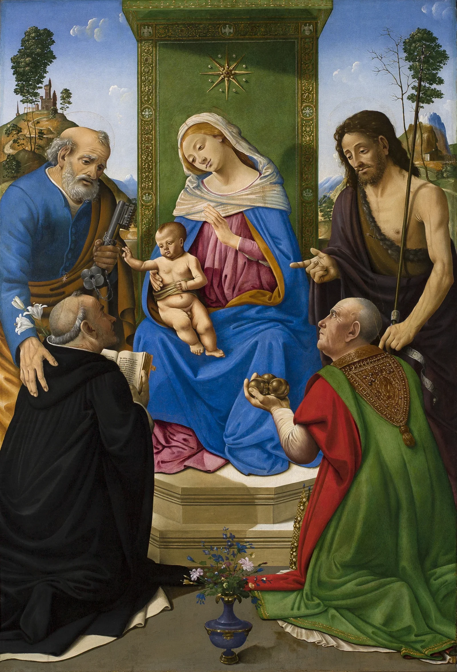 Madonna and Child Enthroned with Sts. Peter, John the Baptist, Dominic and Nicholas of Bari — Piero di Cosimo