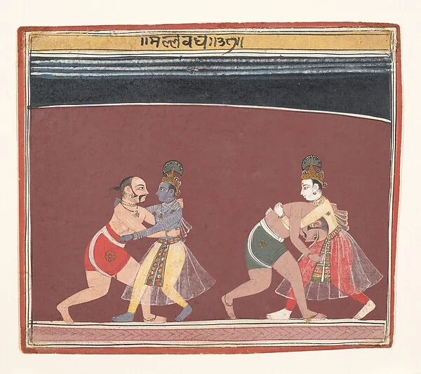 Krishna and Balarama Fight the Evil King Kamsa’s Wrestlers: Page from a Dispersed Bhagavata Purana