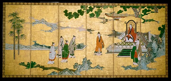 The Return to Court of the Four Graybeards of Mount Shang (left); Su Shi’s Visit to the Wind and Water Cave (right — Kano Mitsunobu 狩野光信