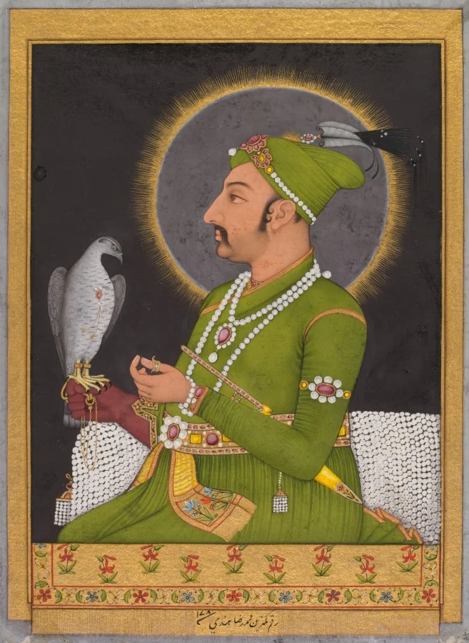 Posthumous portrait of the Mughal emperor Muhammad Shah (reigned 1719–1748) holding a falcon (recto) — Muhammad Rizavi Hindi (Indian, active mid-1700s)